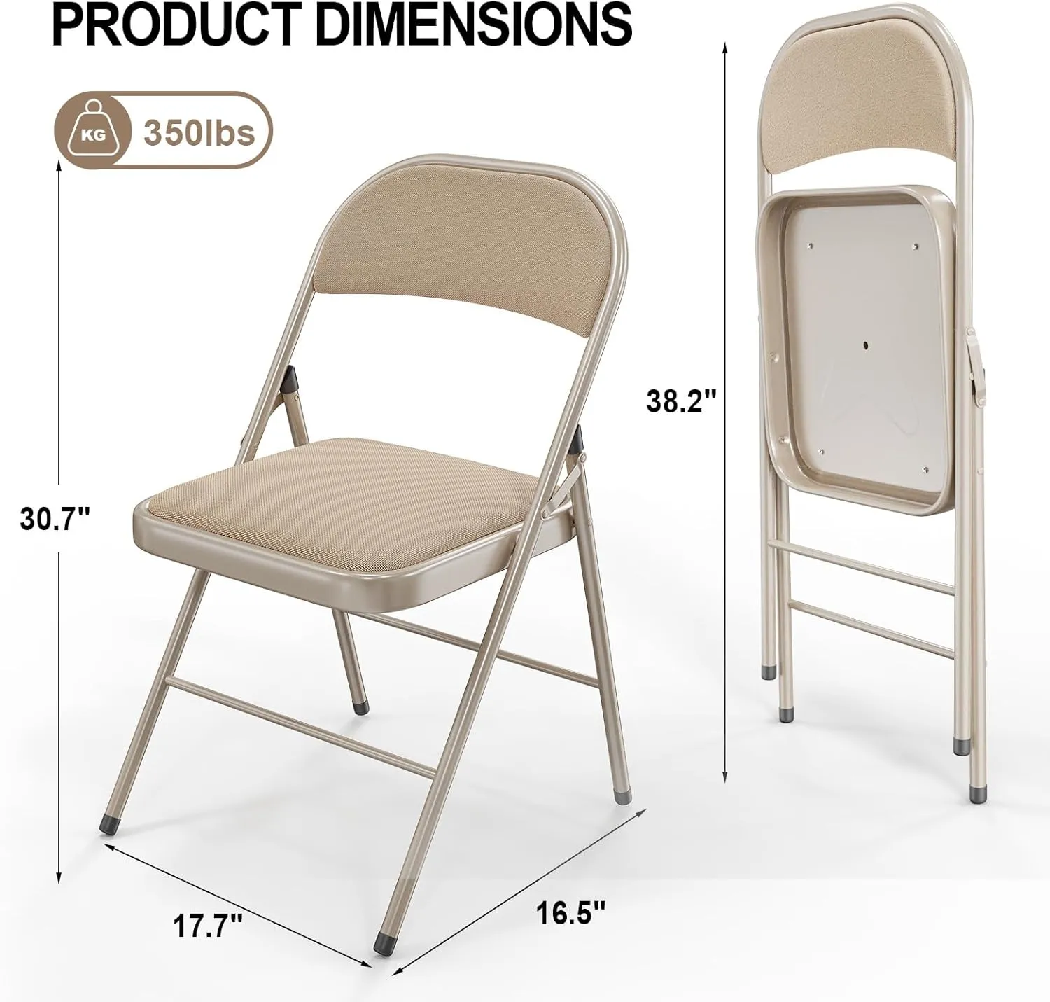 VINGLI 6 Pack Folding Chairs with Padded Seats, Metal Frame with Fabric Seat & Back, Capacity 350 lbs, Khaki, Set of 6