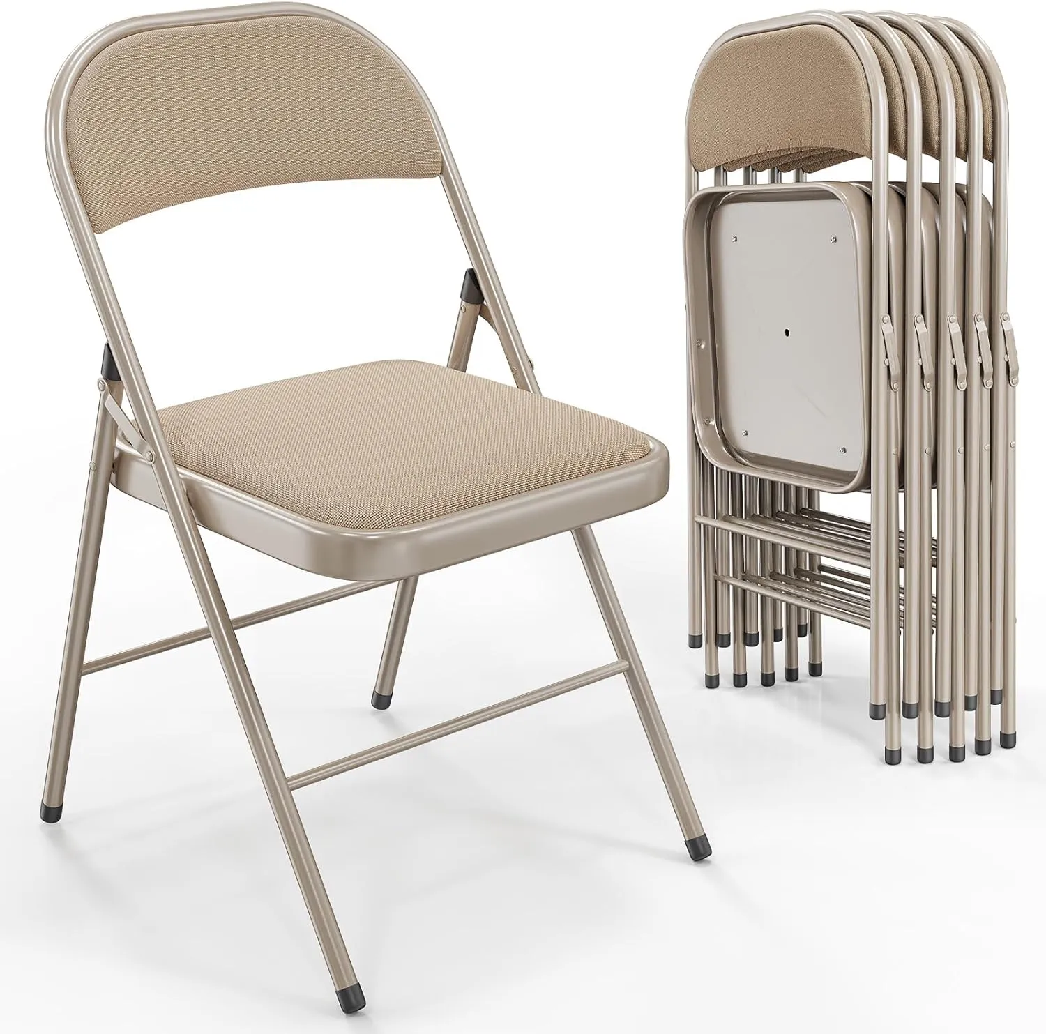 VINGLI 6 Pack Folding Chairs with Padded Seats, Metal Frame with Fabric Seat & Back, Capacity 350 lbs, Khaki, Set of 6