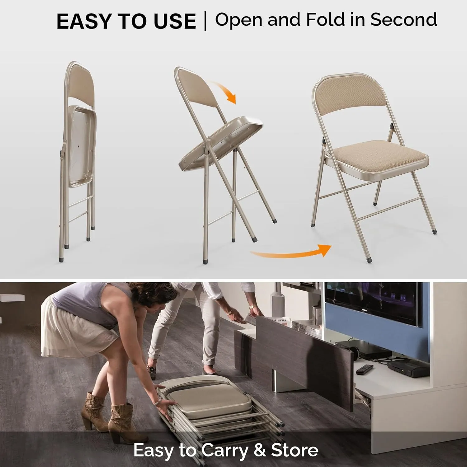 VINGLI 6 Pack Folding Chairs with Padded Seats, Metal Frame with Fabric Seat & Back, Capacity 350 lbs, Khaki, Set of 6