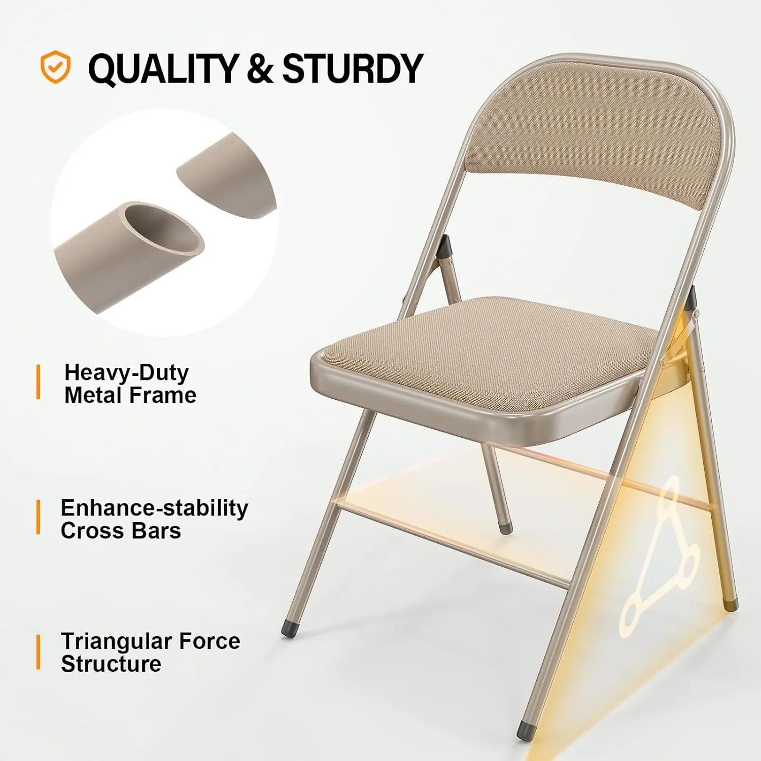 VINGLI 6 Pack Folding Chairs with Padded Seats, Metal Frame with Fabric Seat & Back, Capacity 350 lbs, Khaki, Set of 6