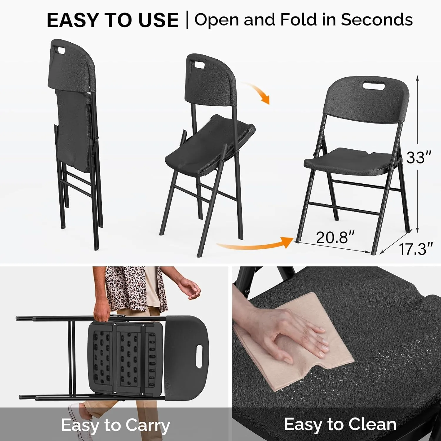 VINGLI Folding Chairs, Heavy Duty Foldable Chair Portable HDPE Plastic Seat with Steel Frame for Indoor Outdoor Dinning Party Wedding School Use, Black, 6 Pack