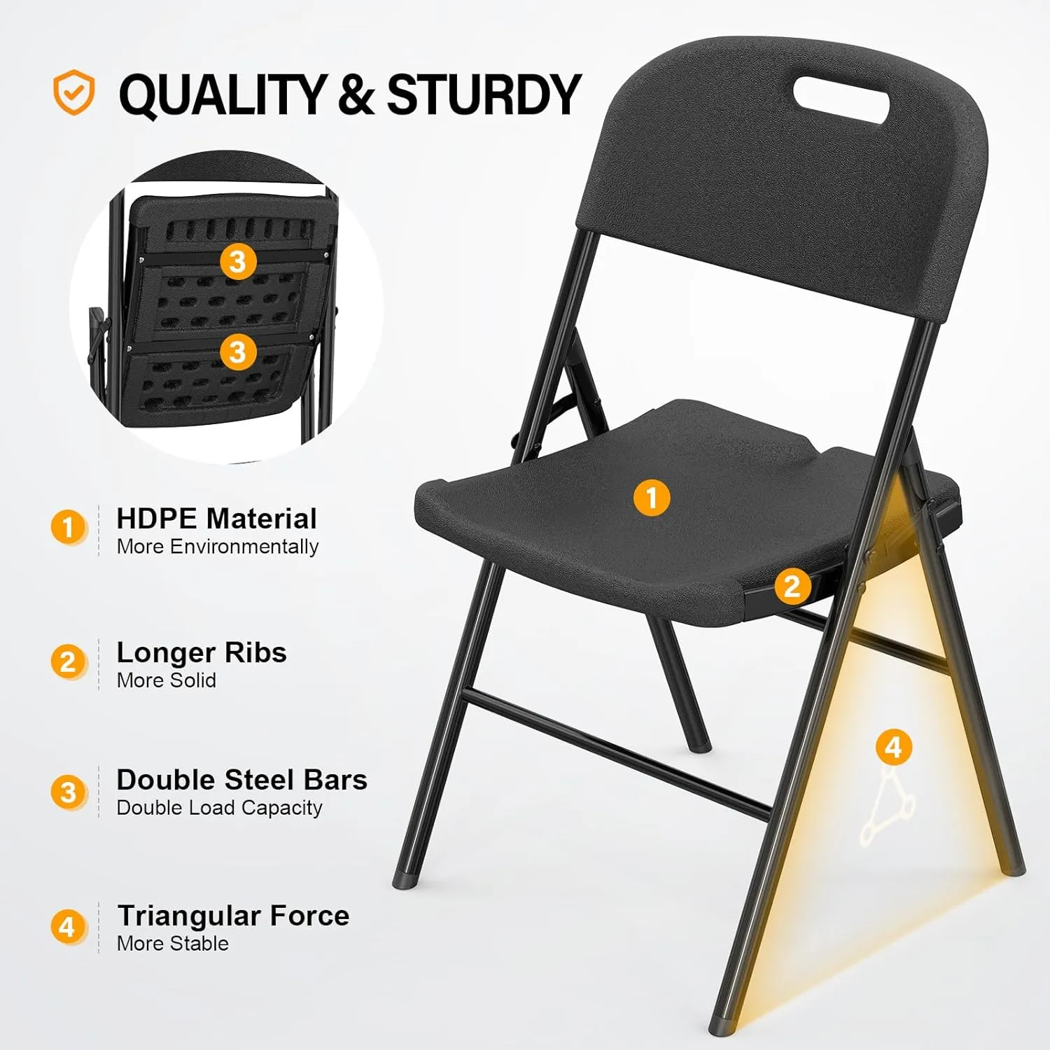VINGLI Folding Chairs, Heavy Duty Foldable Chair Portable HDPE Plastic Seat with Steel Frame for Indoor Outdoor Dinning Party Wedding School Use, Black, 6 Pack