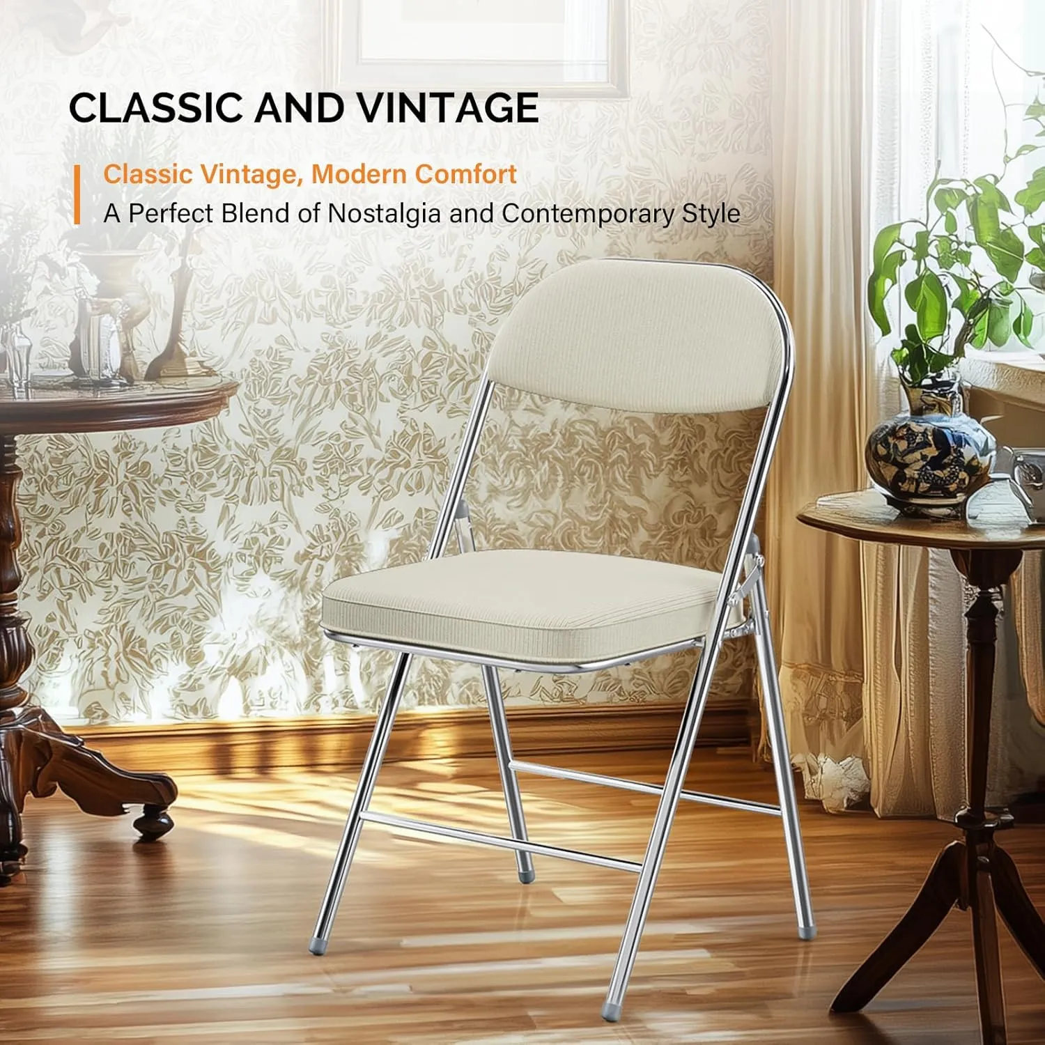 VINGLI Folding Chairs with Padded Seat & Backrest, Metal Frame, Durable Corduroy Fabric, 350 lbs Capacity, Set of 2, Off-White – Ideal for Weddings, Parties, Office Events