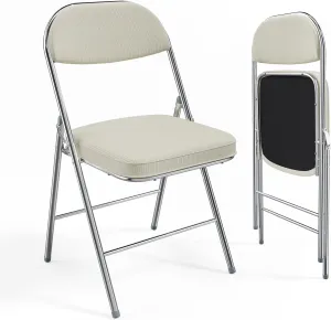 VINGLI Folding Chairs with Padded Seat & Backrest, Metal Frame, Durable Corduroy Fabric, 350 lbs Capacity, Set of 2, Off-White – Ideal for Weddings, Parties, Office Events