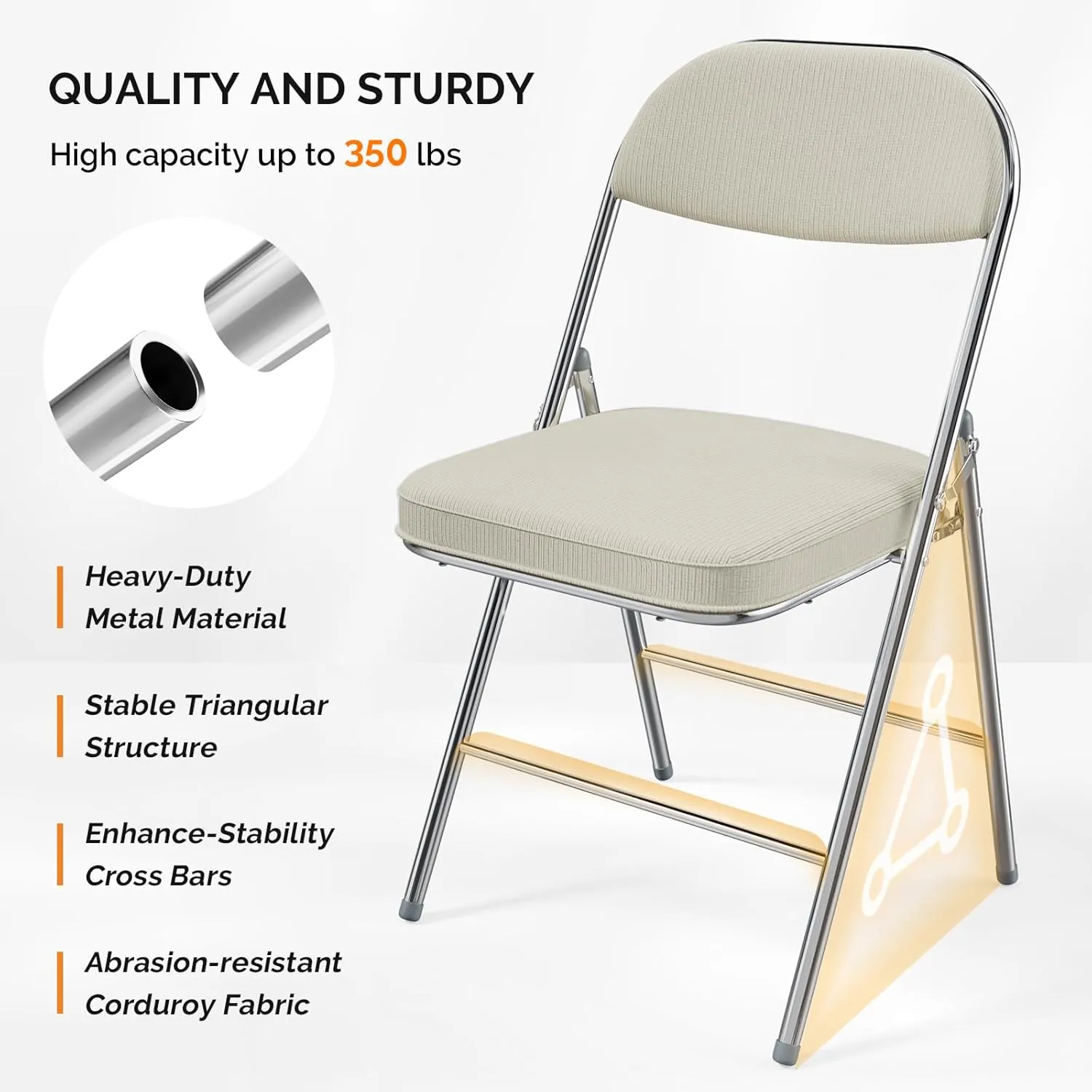 VINGLI Folding Chairs with Padded Seat & Backrest, Metal Frame, Durable Corduroy Fabric, 350 lbs Capacity, Set of 2, Off-White – Ideal for Weddings, Parties, Office Events