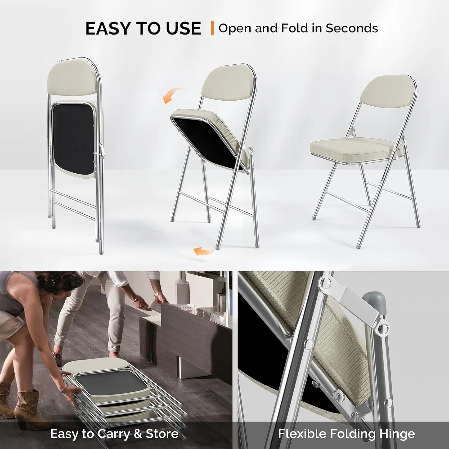 VINGLI Folding Chairs with Padded Seat & Backrest, Metal Frame, Durable Corduroy Fabric, 350 lbs Capacity, Set of 2, Off-White – Ideal for Weddings, Parties, Office Events