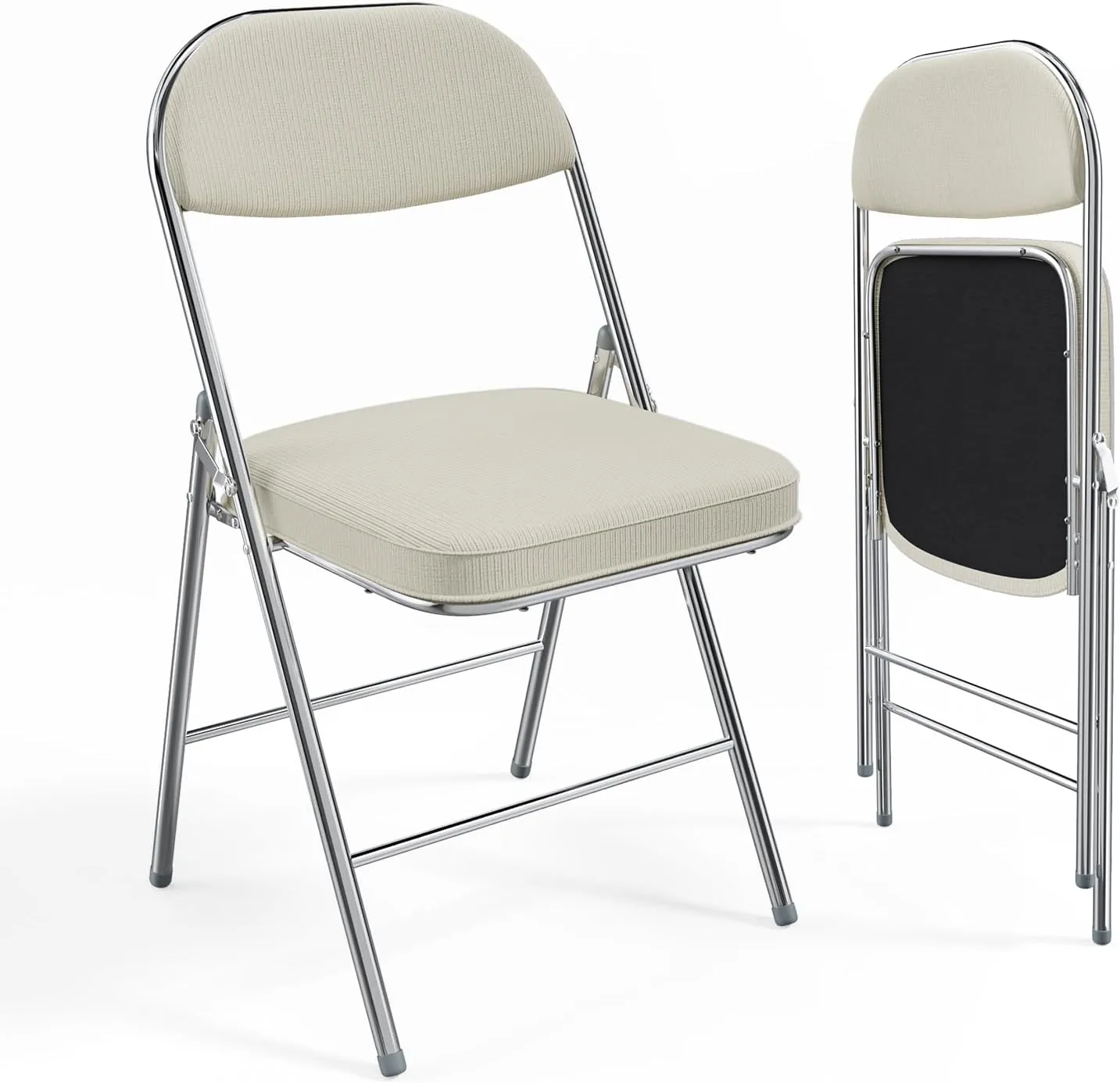 VINGLI Folding Chairs with Padded Seat & Backrest, Metal Frame, Durable Corduroy Fabric, 350 lbs Capacity, Set of 2, Off-White – Ideal for Weddings, Parties, Office Events