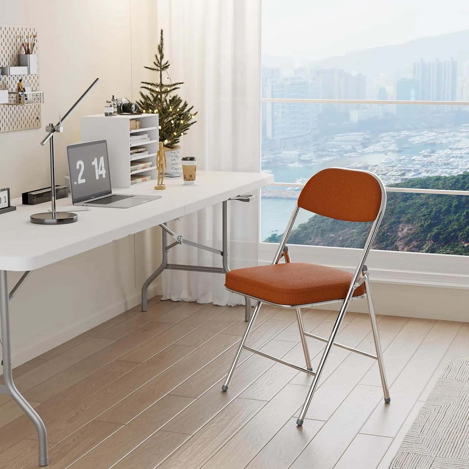 VINGLI Folding Chairs with Padded Seat & Backrest, Metal Frame, Durable Corduroy Fabric, 350 lbs Capacity, Set of 2, Orange – Ideal for Weddings, Parties, Office Events