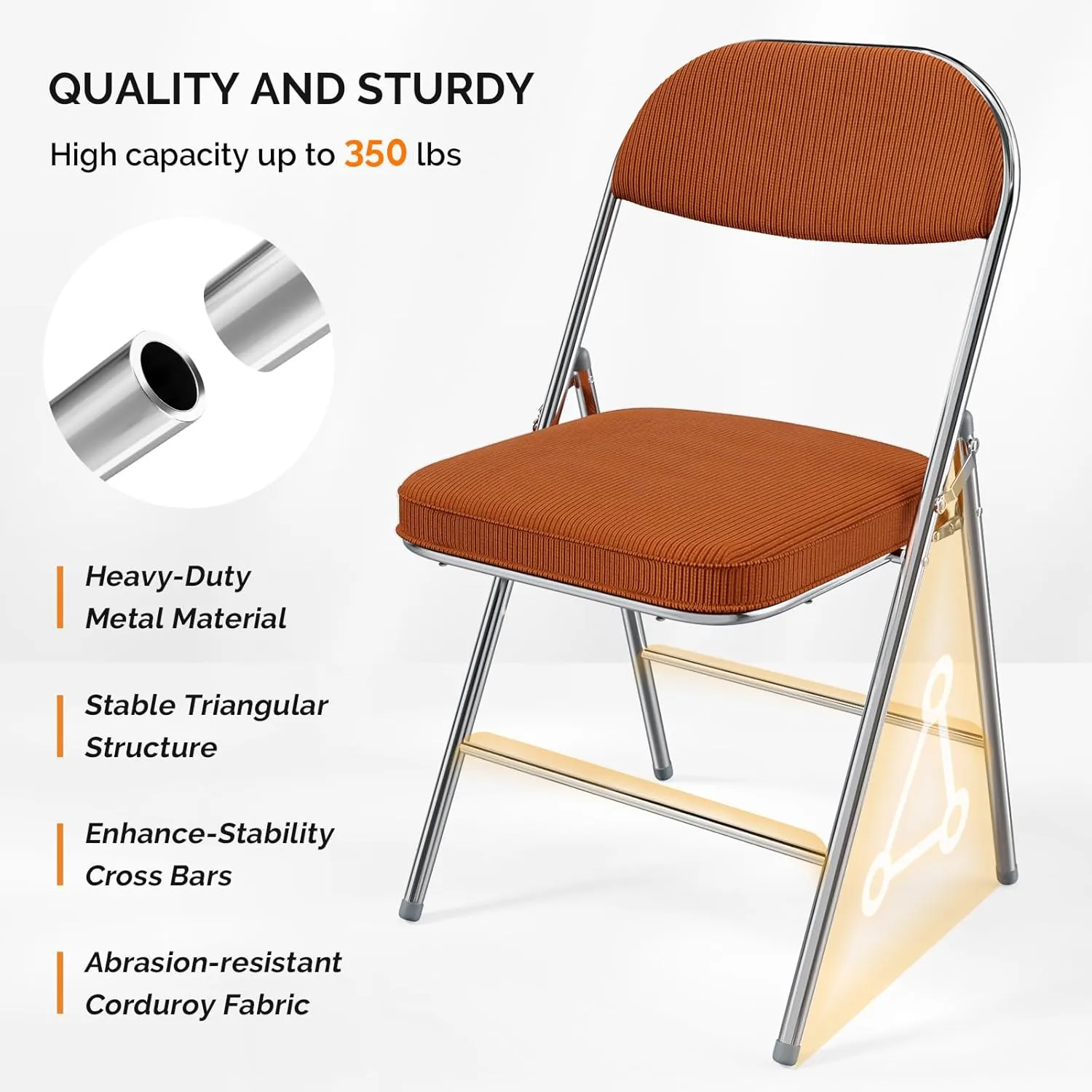 VINGLI Folding Chairs with Padded Seat & Backrest, Metal Frame, Durable Corduroy Fabric, 350 lbs Capacity, Set of 2, Orange – Ideal for Weddings, Parties, Office Events