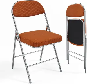 VINGLI Folding Chairs with Padded Seat & Backrest, Metal Frame, Durable Corduroy Fabric, 350 lbs Capacity, Set of 2, Orange – Ideal for Weddings, Parties, Office Events