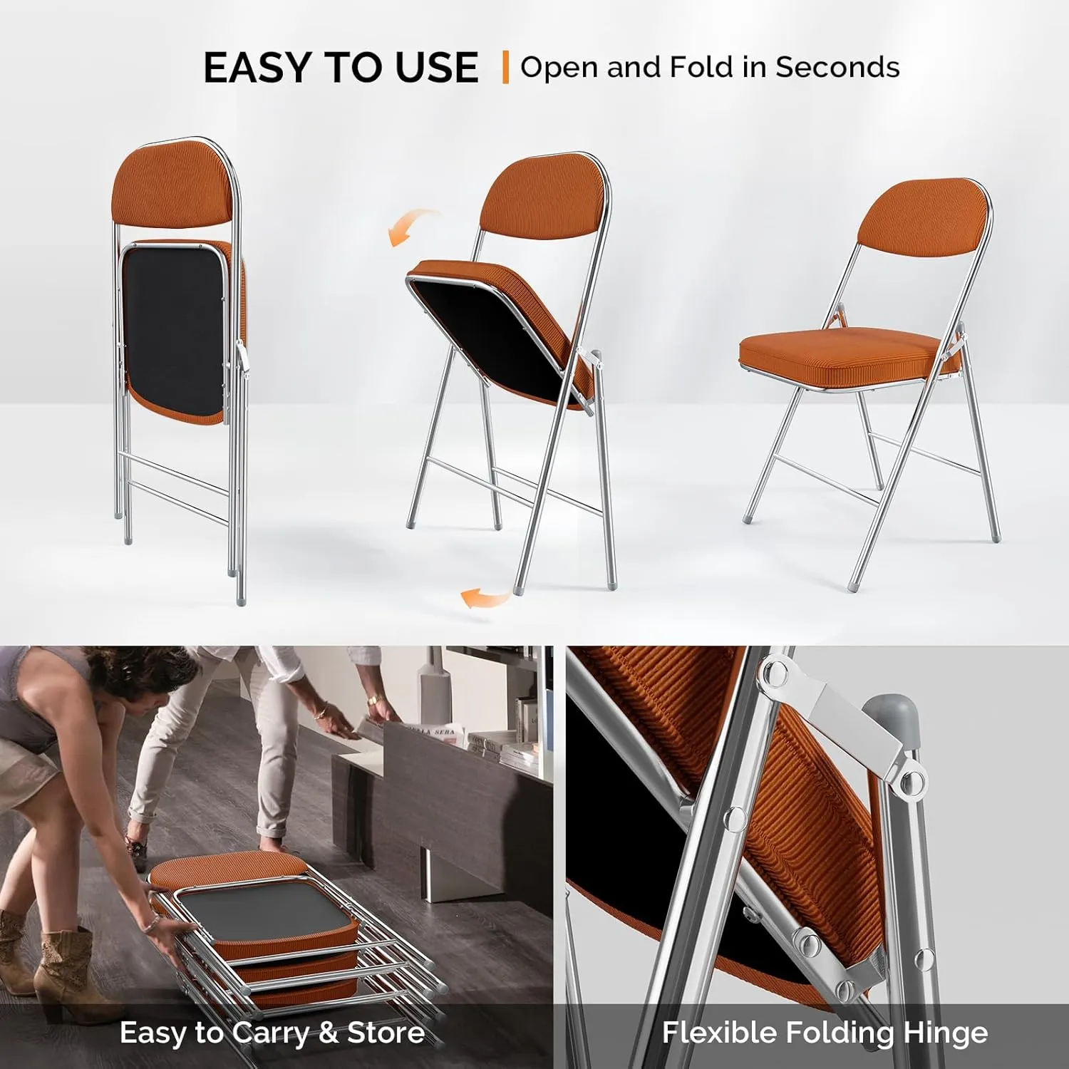 VINGLI Folding Chairs with Padded Seat & Backrest, Metal Frame, Durable Corduroy Fabric, 350 lbs Capacity, Set of 2, Orange – Ideal for Weddings, Parties, Office Events