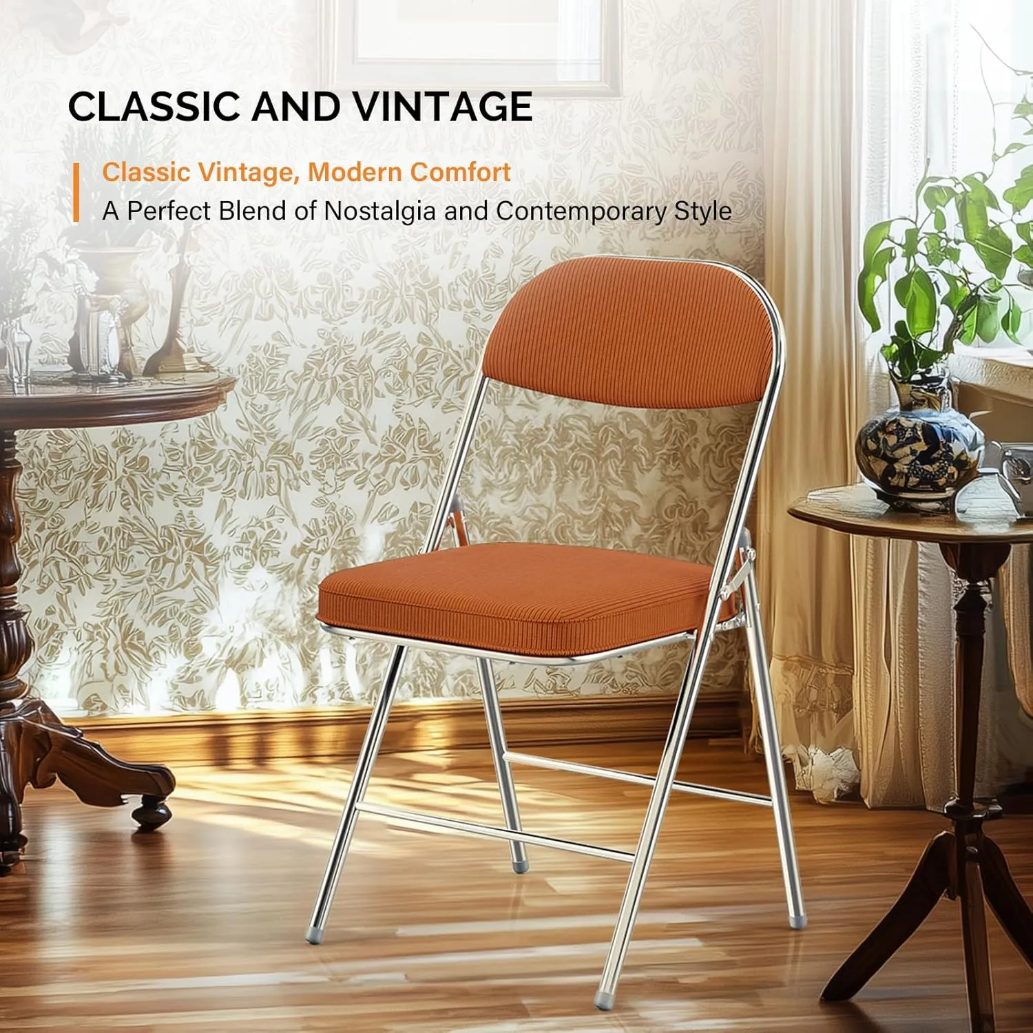 VINGLI Folding Chairs with Padded Seat & Backrest, Metal Frame, Durable Corduroy Fabric, 350 lbs Capacity, Set of 2, Orange – Ideal for Weddings, Parties, Office Events