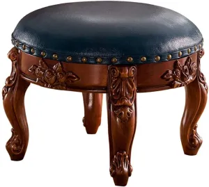 Vintage Faux Leather Carved Footstool with Buttons 4 Carved Legs Sofa with European Decorations Coffee Table Stool,Cream White Padded Round Footstool (Blue)