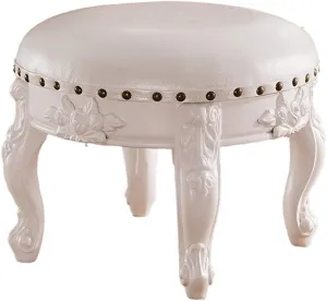 Vintage Faux Leather Carved Footstool with Buttons 4 Carved Legs Sofa with European Decorations Coffee Table Stool,Cream White Padded Round Footstool (Brown)