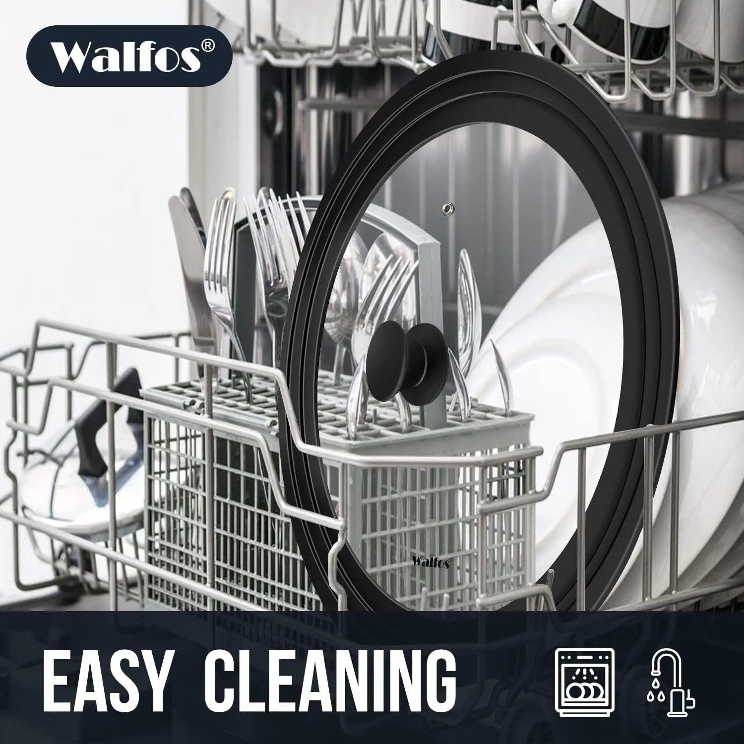 Walfos Universal Lid for Pots, Pans and Skillets - Tempered Glass with Heat Resistant Silicone Rim, Fits 13", 14" and 15" Diameter Cookware