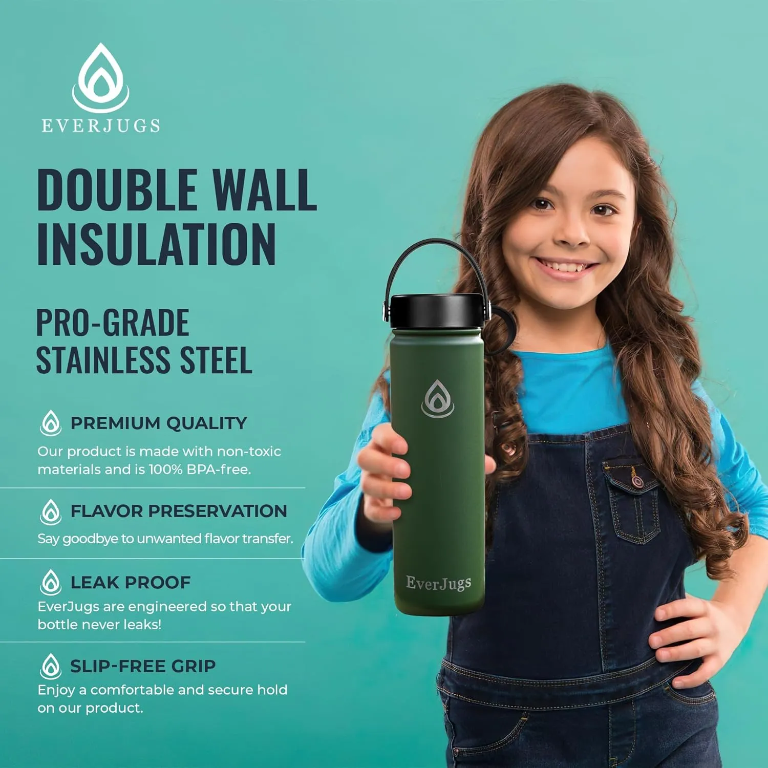 Water Bottle - 32 Oz, Wide Mouth, Premium Stainless Steel Bottle with Grip Cap, Double Walled Vacuum Insulated, Thermo Mug, Metal Flask, Leak Proof, Eco-Friendly