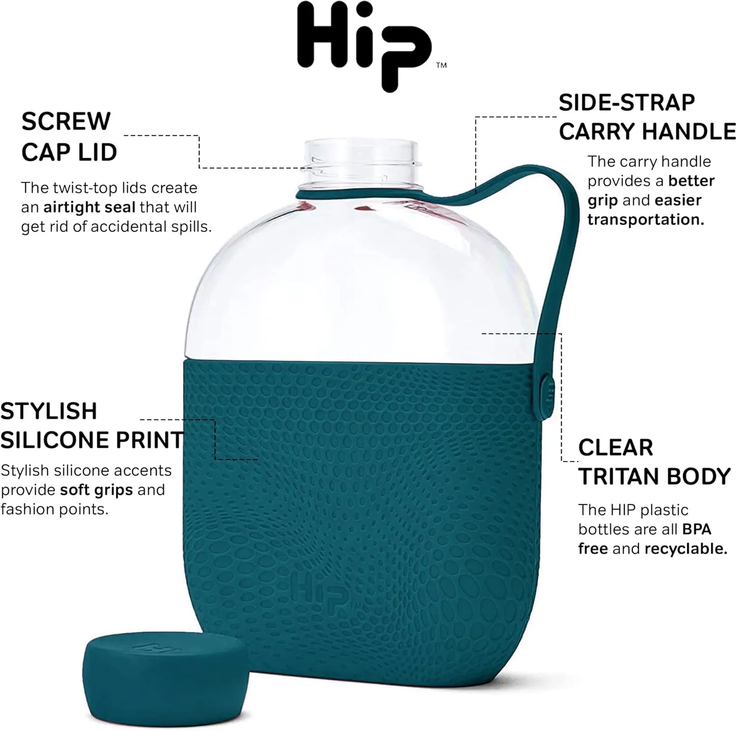 Water Bottle - 650ml / 20oz Capacity - Slim Reusable Bottles with Silicone Grip Sleeve and Carry Loop - Leak Proof Screw-Top Cap - Dishwasher Safe - Jade