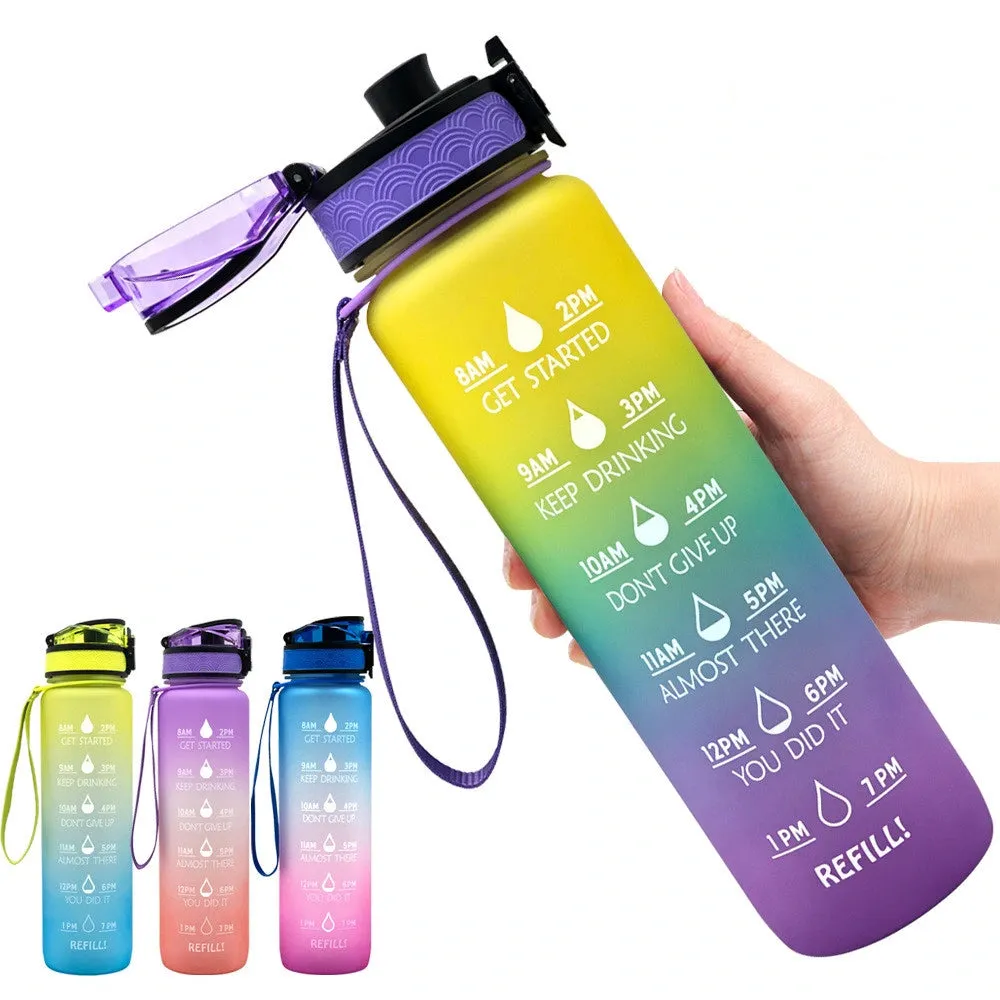 Water Bottle With Time Marker Cute Reusable Sports Gym Leak Proof Refillable Hiking Camping Travel Water Bottle, 1L Tritan