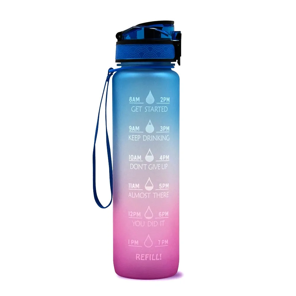 Water Bottle With Time Marker Cute Reusable Sports Gym Leak Proof Refillable Hiking Camping Travel Water Bottle, 1L Tritan