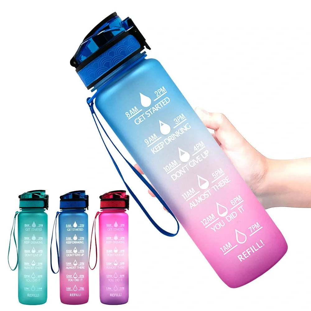 Water Bottle With Time Marker Cute Reusable Sports Gym Leak Proof Refillable Hiking Camping Travel Water Bottle, 1L Tritan