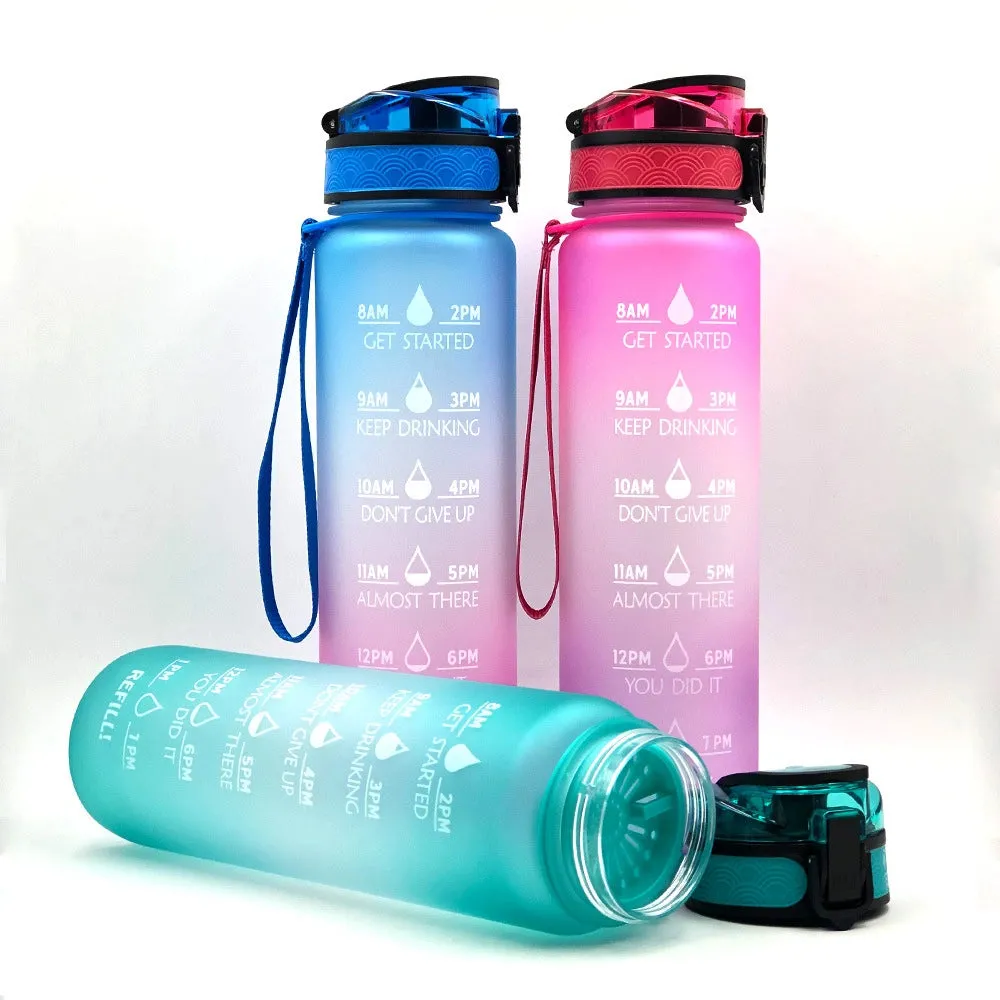 Water Bottle With Time Marker Cute Reusable Sports Gym Leak Proof Refillable Hiking Camping Travel Water Bottle, 1L Tritan