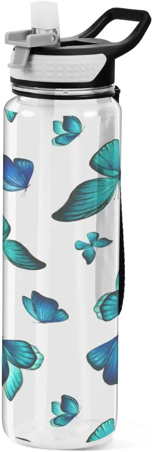 Watercolor Blue Butterfly Sport Water Bottle with Straw, Leakproof Tritan Bottle BPA Free Clear Water Bottle for Fitness Outdoor Gym Travel- 32 oz