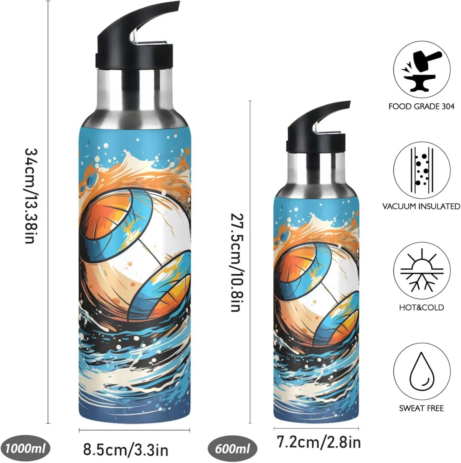 Watercolor Style Volleyball Sport Water Bottle Insulated Stainless Steel Large Vacuum Flask Leak Proof Thermos with Straw for Travel(600ml/1000ml)
