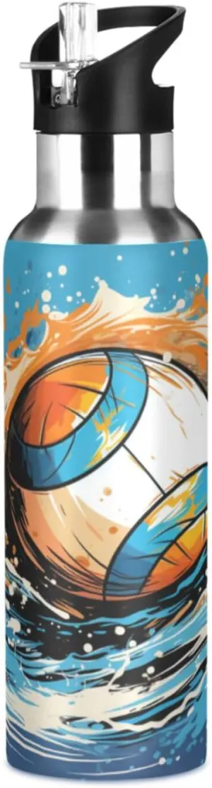Watercolor Style Volleyball Sport Water Bottle Insulated Stainless Steel Large Vacuum Flask Leak Proof Thermos with Straw for Travel(600ml/1000ml)