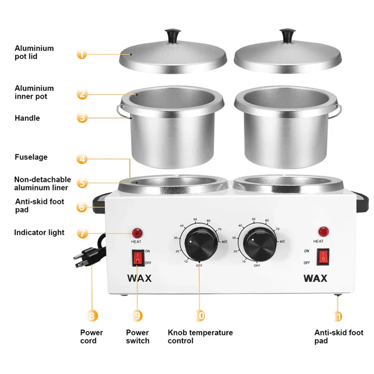 Wax Warmer Double Pot, Professional Electric Heater for Facial, Body, Spa, and Salon, 1.2L Dual Adjustable Temperature with 100 Wooden Craft Sticks, Hair Removal