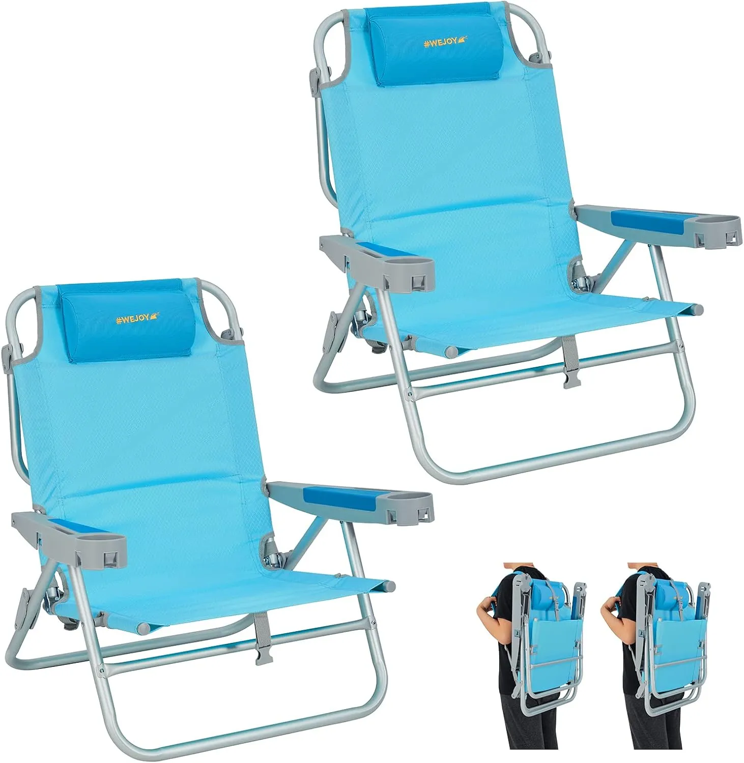 #WEJOY 2 Pack Oversized Backpack Beach Chair, 5 Adjustable Folding Reclining Beach Chairs,Portable High Back Low Chair with Backpacking Strap,Bottle Opener,Phone&Cup Holder for Camping Sand,300 Lbs