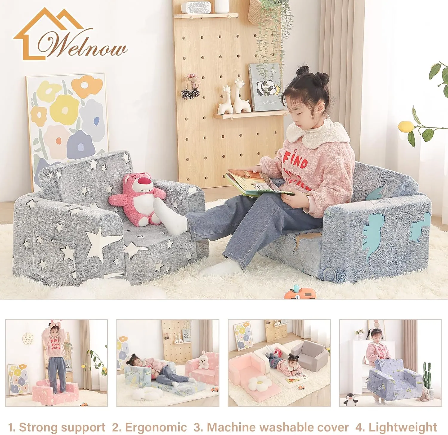 Welnow 2-in-1 Kids Sofa Chair, Convertible Toddler Chair Flip Out Children Sofa Chair Folding Kids Play Sofa with Side Pockets & Removable Cover Armrest Chair for Girl or Boy