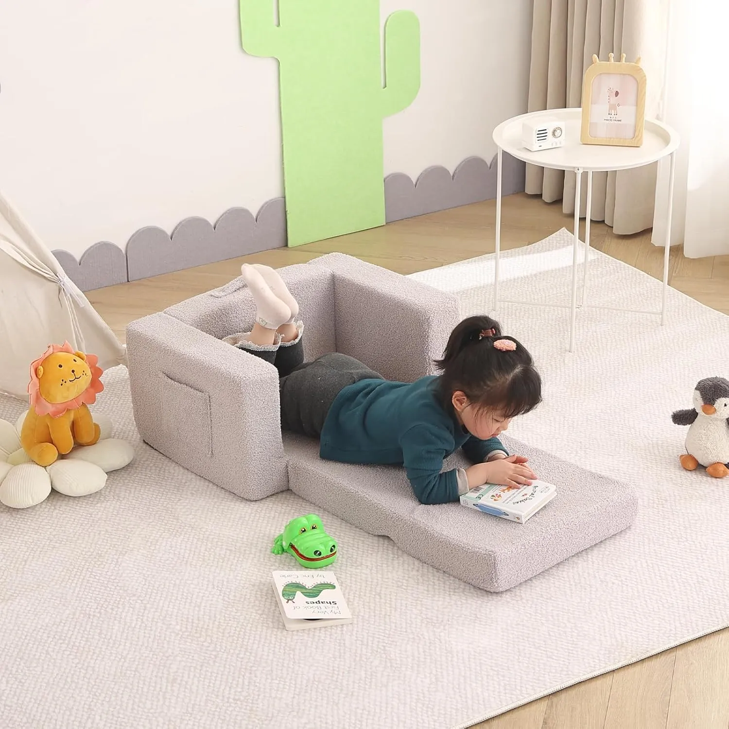 Welnow 2-in-1 Kids Sofa Chair, Convertible Toddler Chair Flip Out Children Sofa Chair Folding Kids Play Sofa with Side Pockets & Removable Cover Armrest Chair for Girl or Boy