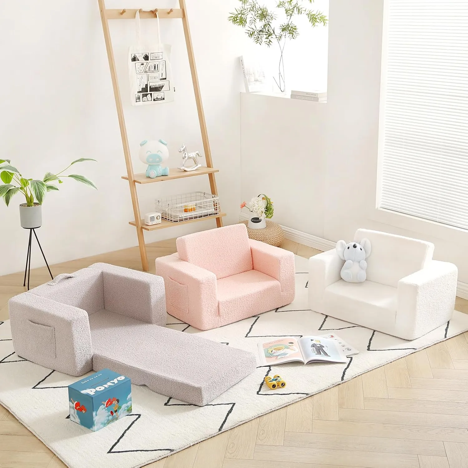 Welnow 2-in-1 Kids Sofa Chair, Convertible Toddler Chair Flip Out Children Sofa Chair Folding Kids Play Sofa with Side Pockets & Removable Cover Armrest Chair for Girl or Boy