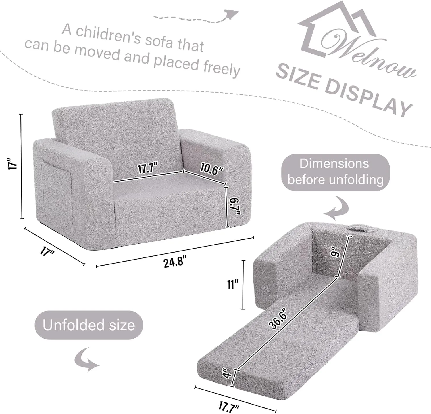 Welnow 2-in-1 Kids Sofa Chair, Convertible Toddler Chair Flip Out Children Sofa Chair Folding Kids Play Sofa with Side Pockets & Removable Cover Armrest Chair for Girl or Boy