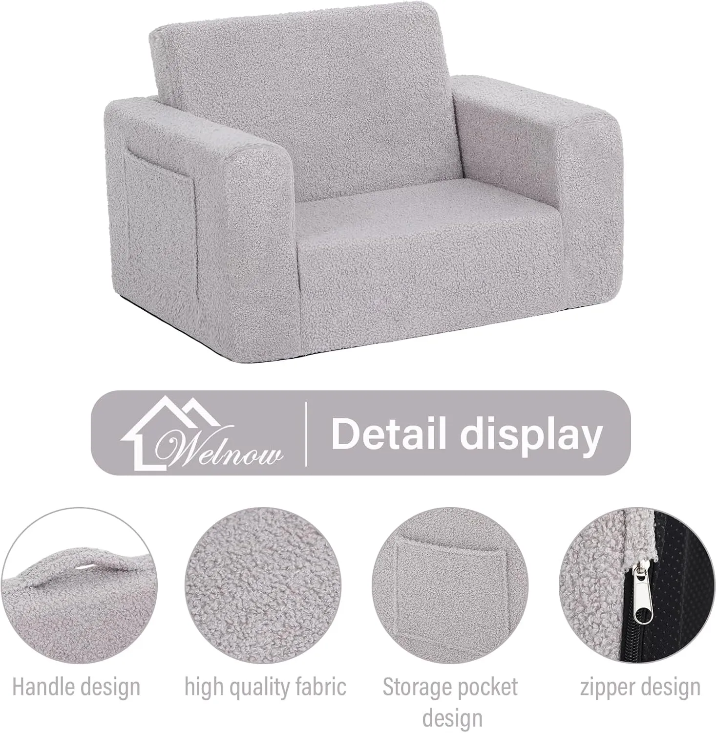 Welnow 2-in-1 Kids Sofa Chair, Convertible Toddler Chair Flip Out Children Sofa Chair Folding Kids Play Sofa with Side Pockets & Removable Cover Armrest Chair for Girl or Boy