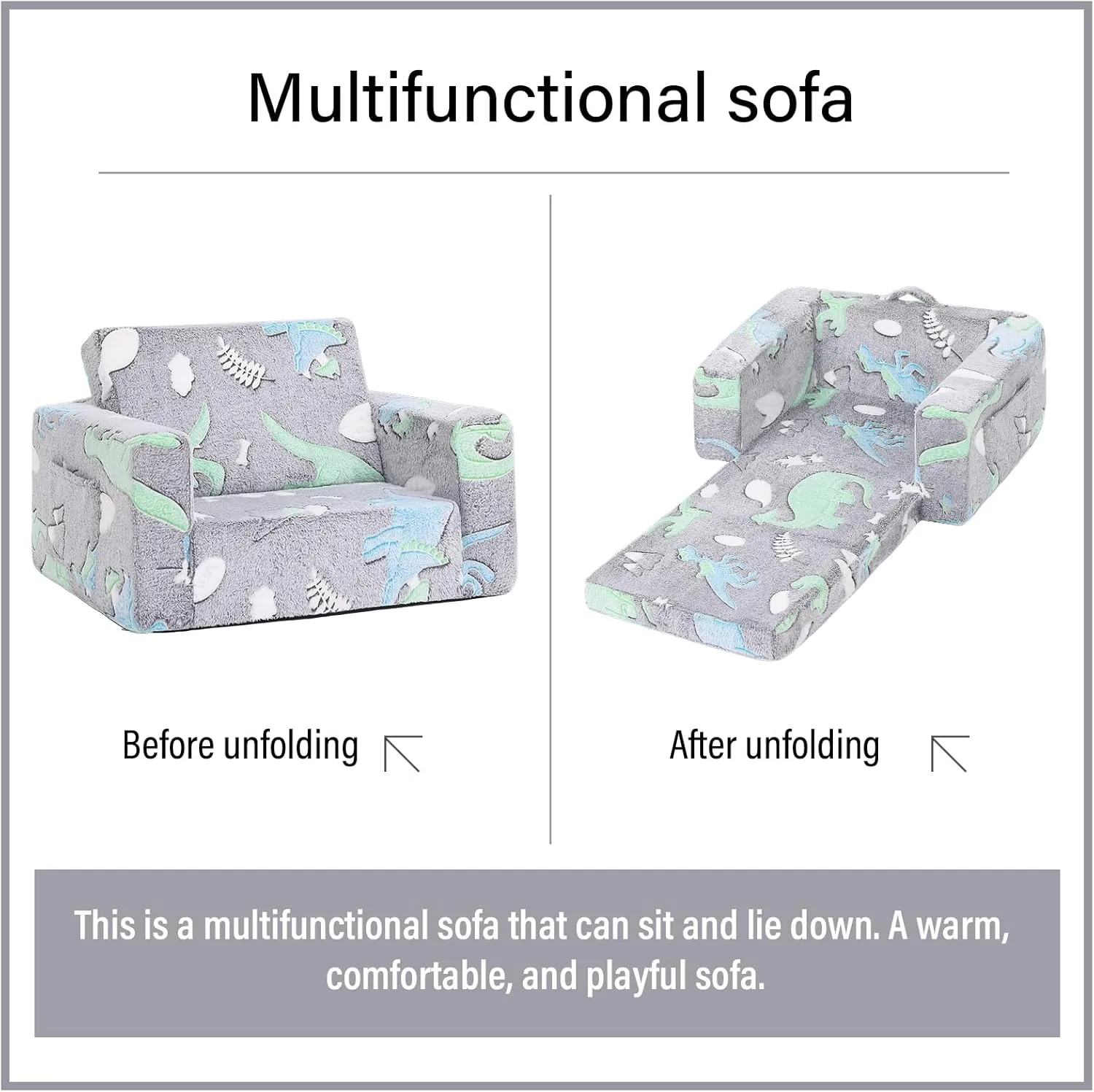 Welnow 2-in-1 Kids Sofa Chair, Glow in The Dark Convertible Toddler Chair Flip Out Children Sofa Chair Folding Kids Play Sofa with Side Pockets & Removable Cover Armrest Chair for Girl or Boy