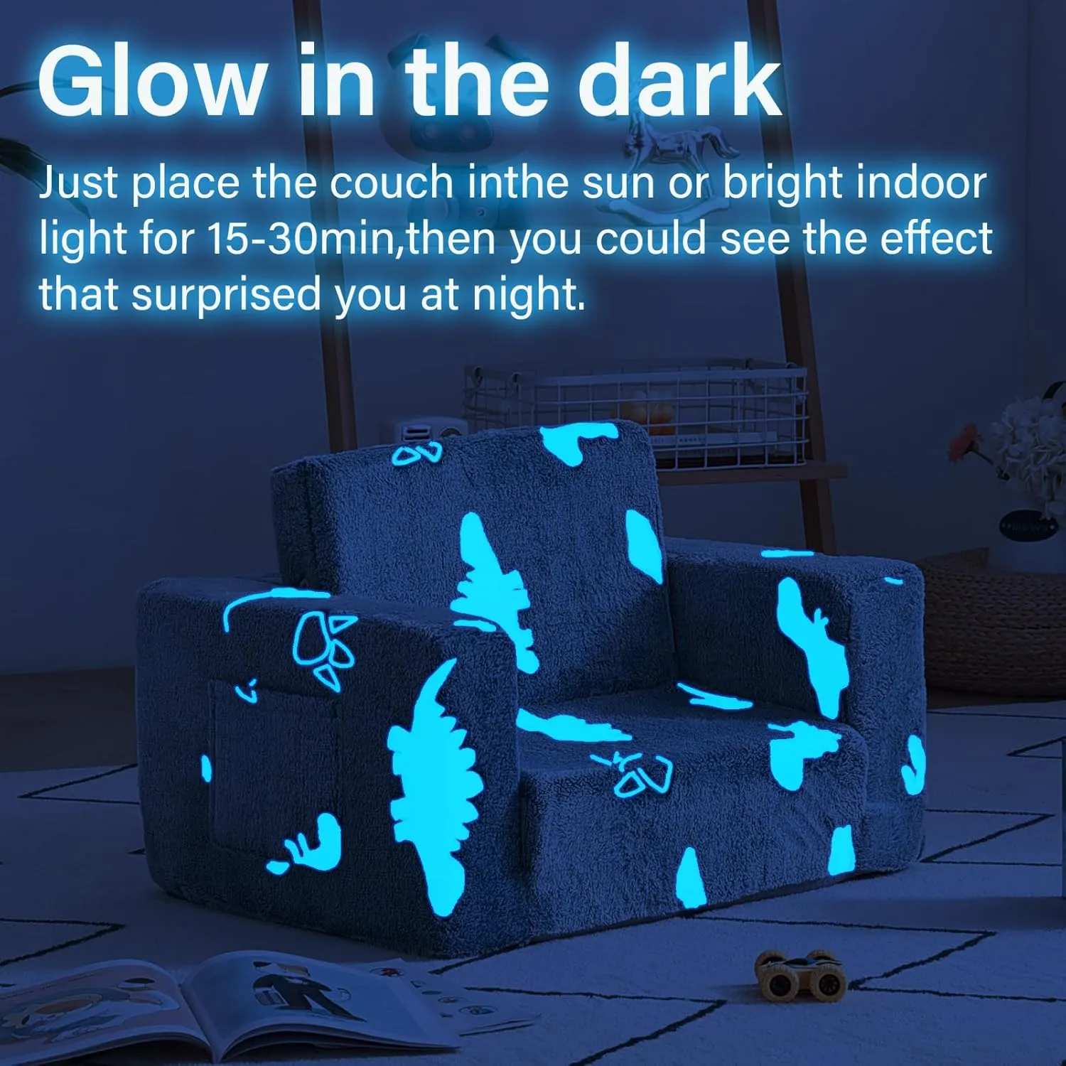 Welnow 2-in-1 Kids Sofa Chair, Glow in The Dark Convertible Toddler Chair Flip Out Children Sofa Chair Folding Kids Play Sofa with Side Pockets & Removable Cover Armrest Chair for Girl or Boy