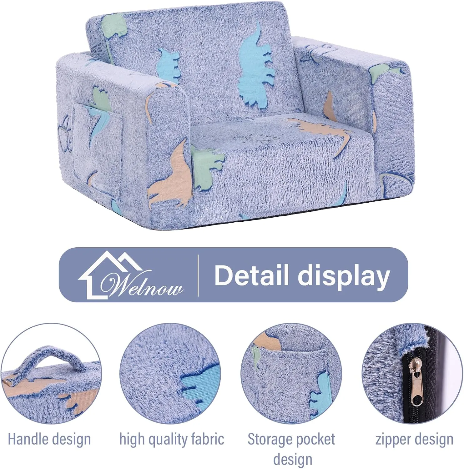 Welnow 2-in-1 Kids Sofa Chair, Glow in The Dark Convertible Toddler Chair Flip Out Children Sofa Chair Folding Kids Play Sofa with Side Pockets & Removable Cover Armrest Chair for Girl or Boy