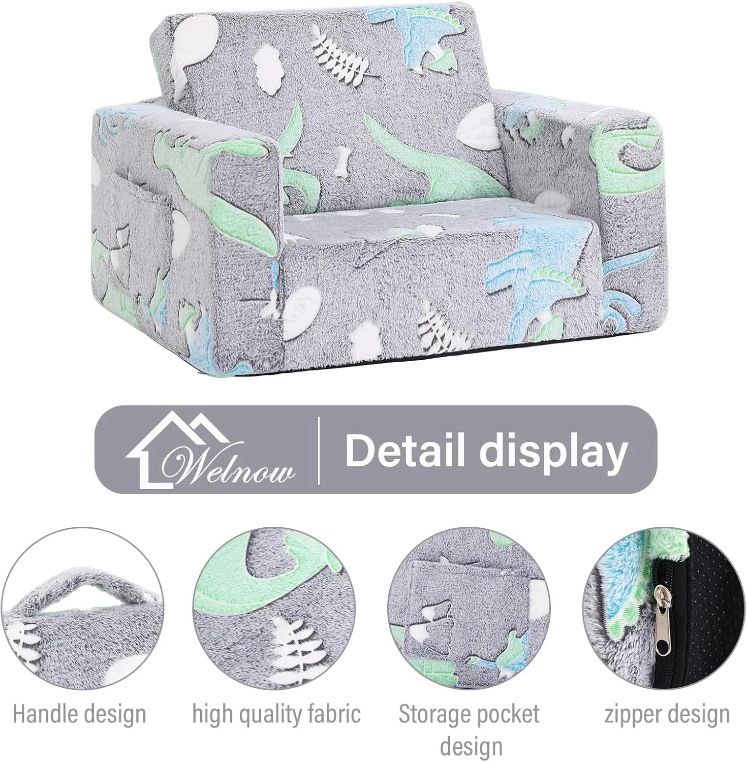 Welnow 2-in-1 Kids Sofa Chair, Glow in The Dark Convertible Toddler Chair Flip Out Children Sofa Chair Folding Kids Play Sofa with Side Pockets & Removable Cover Armrest Chair for Girl or Boy