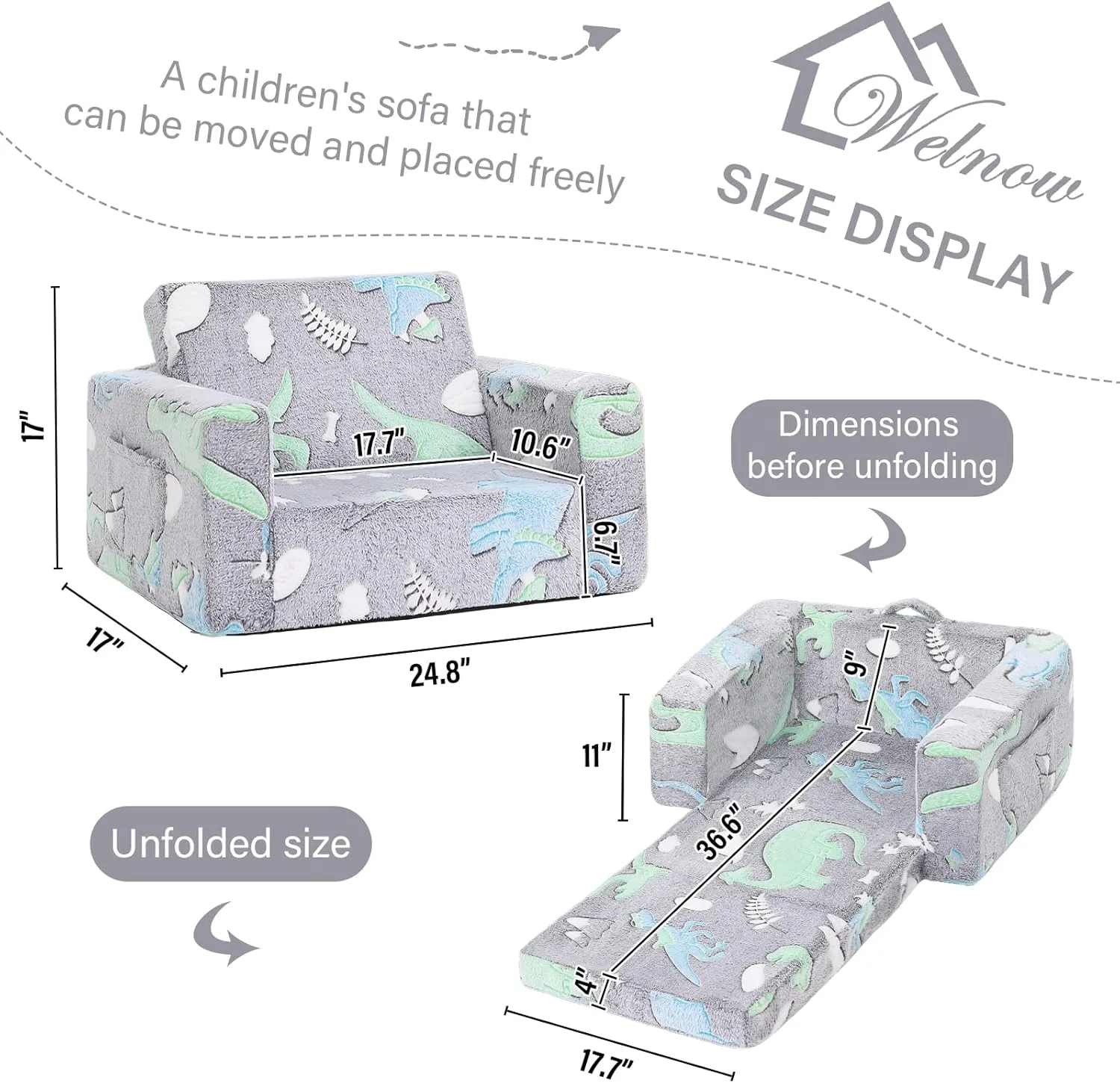 Welnow 2-in-1 Kids Sofa Chair, Glow in The Dark Convertible Toddler Chair Flip Out Children Sofa Chair Folding Kids Play Sofa with Side Pockets & Removable Cover Armrest Chair for Girl or Boy