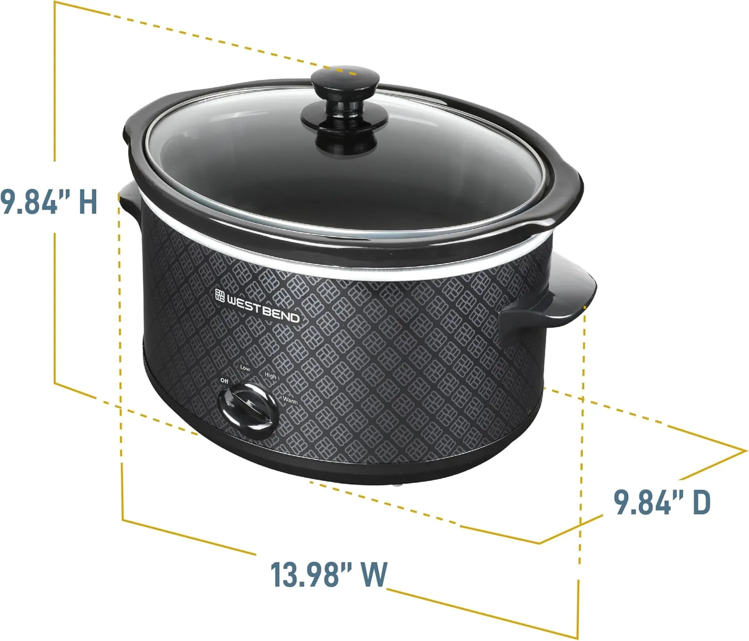 West Bend Slow Cooker 4-Quart Manual Crockery Style with Dishwasher Safe Oval Ceramic Crockpot and Glass Lid Two Temperature Settings Plus Keep Warm, 210-Watts, Black
