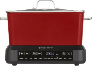 West Bend Versatility Plus Slow Cooker, Large-Capacity Non-Stick Multicooker with Variable Temperature Control, 20 Cooking Functions, 6-Quart, Red