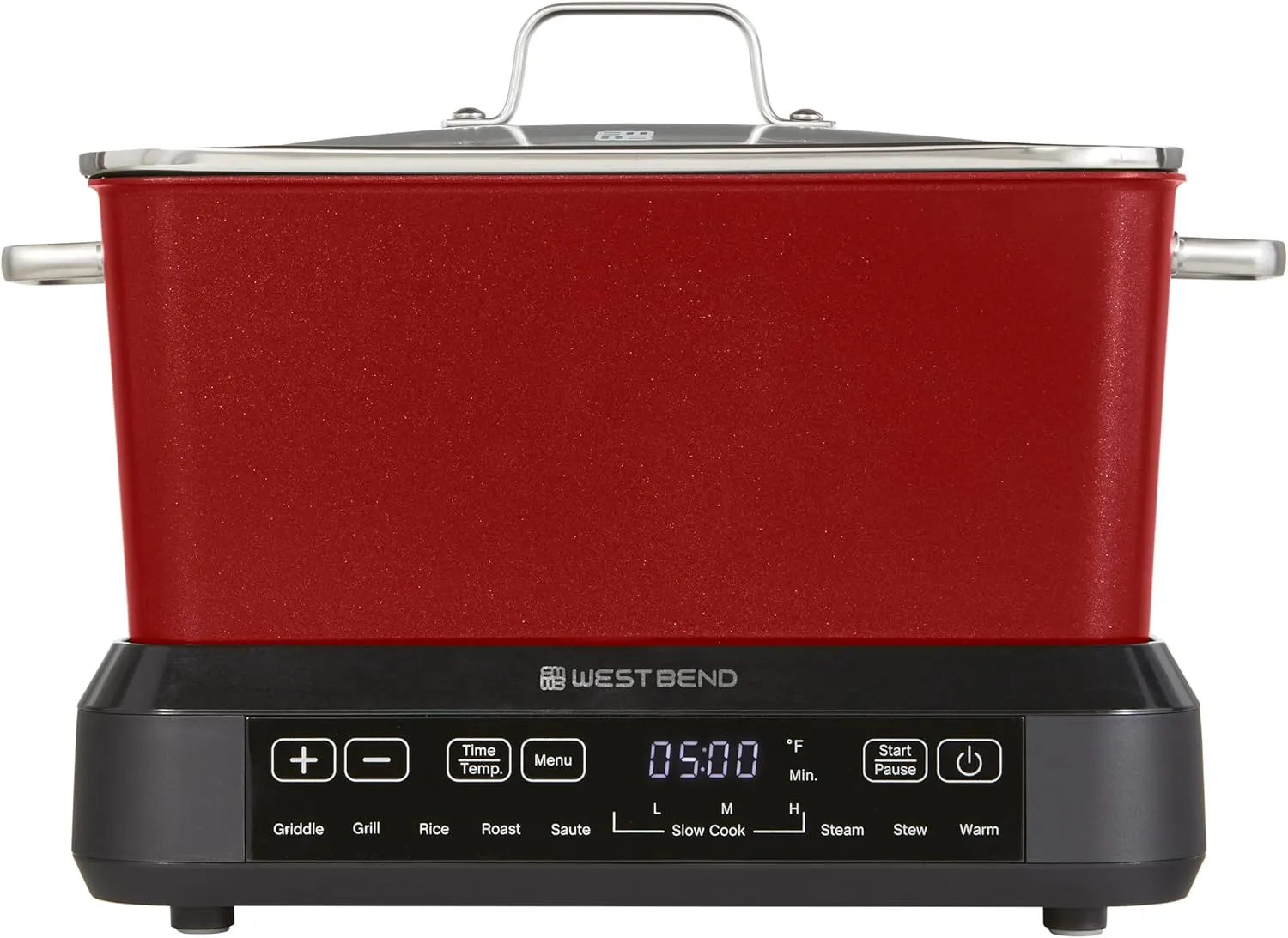 West Bend Versatility Plus Slow Cooker, Large-Capacity Non-Stick Multicooker with Variable Temperature Control, 20 Cooking Functions, 6-Quart, Red