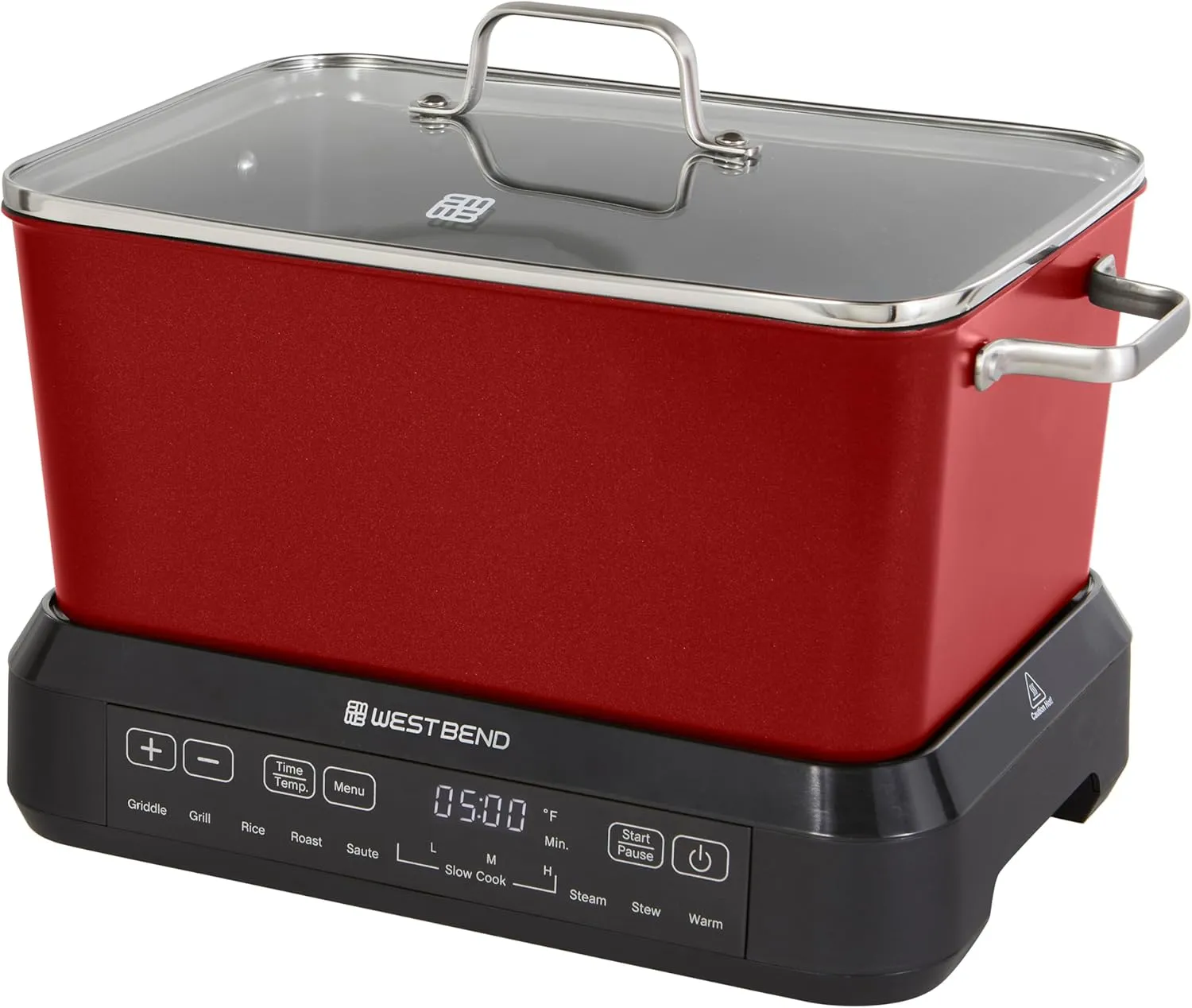 West Bend Versatility Plus Slow Cooker, Large-Capacity Non-Stick Multicooker with Variable Temperature Control, 20 Cooking Functions, 6-Quart, Red
