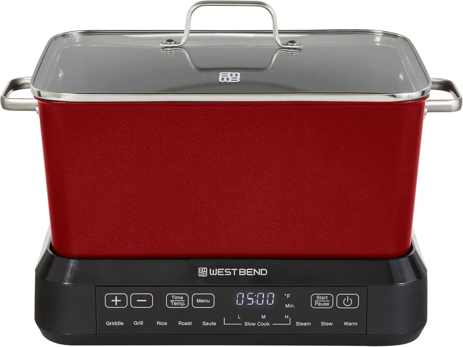 West Bend Versatility Plus Slow Cooker, Large-Capacity Non-Stick Multicooker with Variable Temperature Control, 20 Cooking Functions, 6-Quart, Red