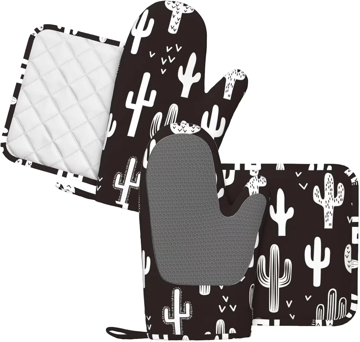 Western Cactus Oven Mitts and Pot Holders 4 pcs Set Silicone Black White Cactus Kitchen Oven Mitt Gloves Pot Holders Non-Slip Heat Resistant Cooking Mitts Set for Kitchen Baking Grilling BBQ