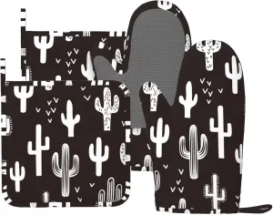 Western Cactus Oven Mitts and Pot Holders 4 pcs Set Silicone Black White Cactus Kitchen Oven Mitt Gloves Pot Holders Non-Slip Heat Resistant Cooking Mitts Set for Kitchen Baking Grilling BBQ