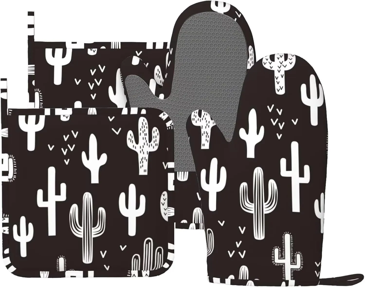 Western Cactus Oven Mitts and Pot Holders 4 pcs Set Silicone Black White Cactus Kitchen Oven Mitt Gloves Pot Holders Non-Slip Heat Resistant Cooking Mitts Set for Kitchen Baking Grilling BBQ