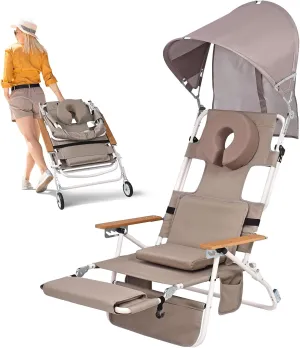 Wheel-2-Go 5-in-1 Beach Tanning Chair with Face Hole, Wheels, Canopy Shade, Footrest, Portable Folding Reclining Lay Flat Beach Lounger for Adults Reading Sunbathing Poolside, Patented