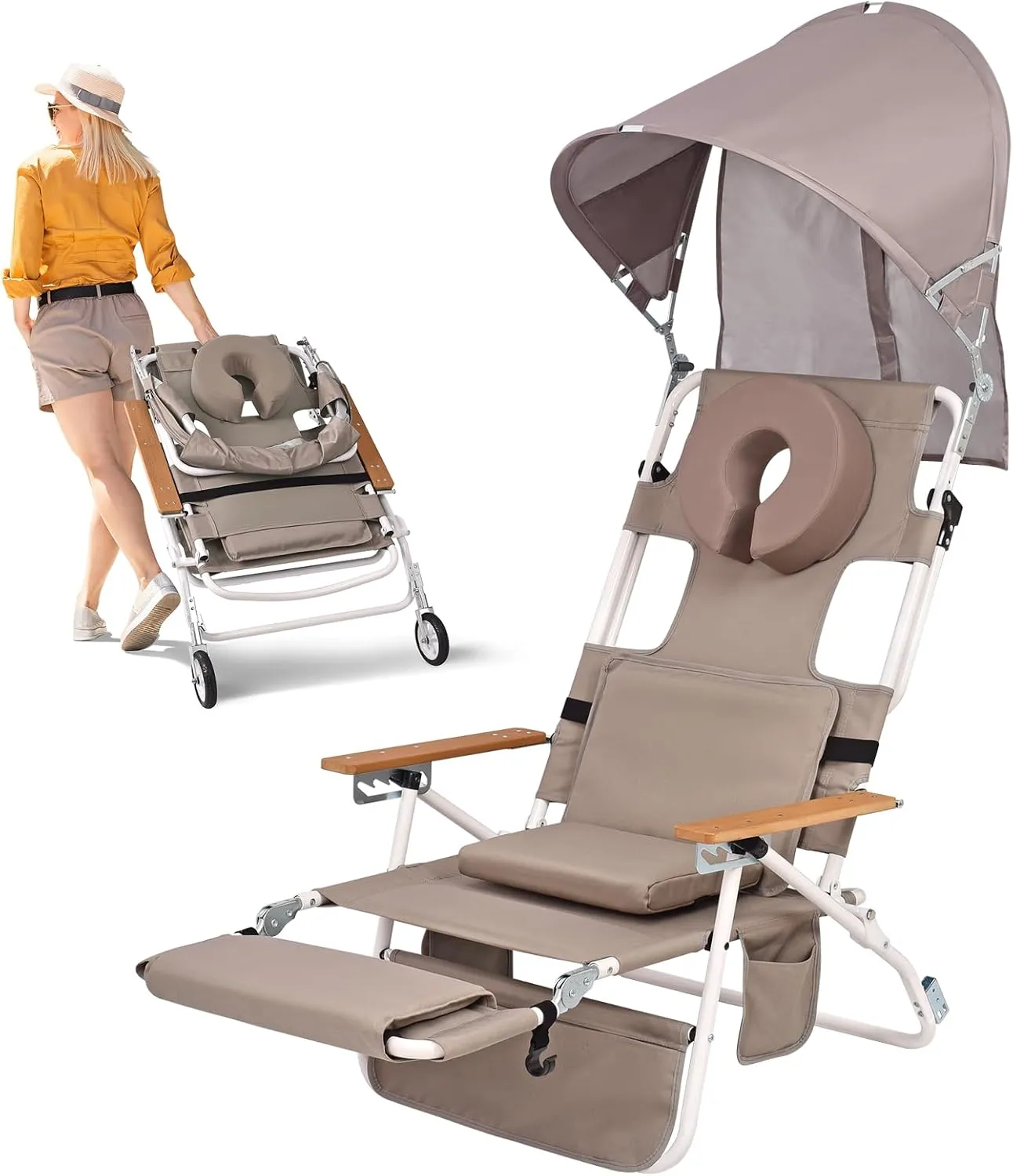 Wheel-2-Go 5-in-1 Beach Tanning Chair with Face Hole, Wheels, Canopy Shade, Footrest, Portable Folding Reclining Lay Flat Beach Lounger for Adults Reading Sunbathing Poolside, Patented